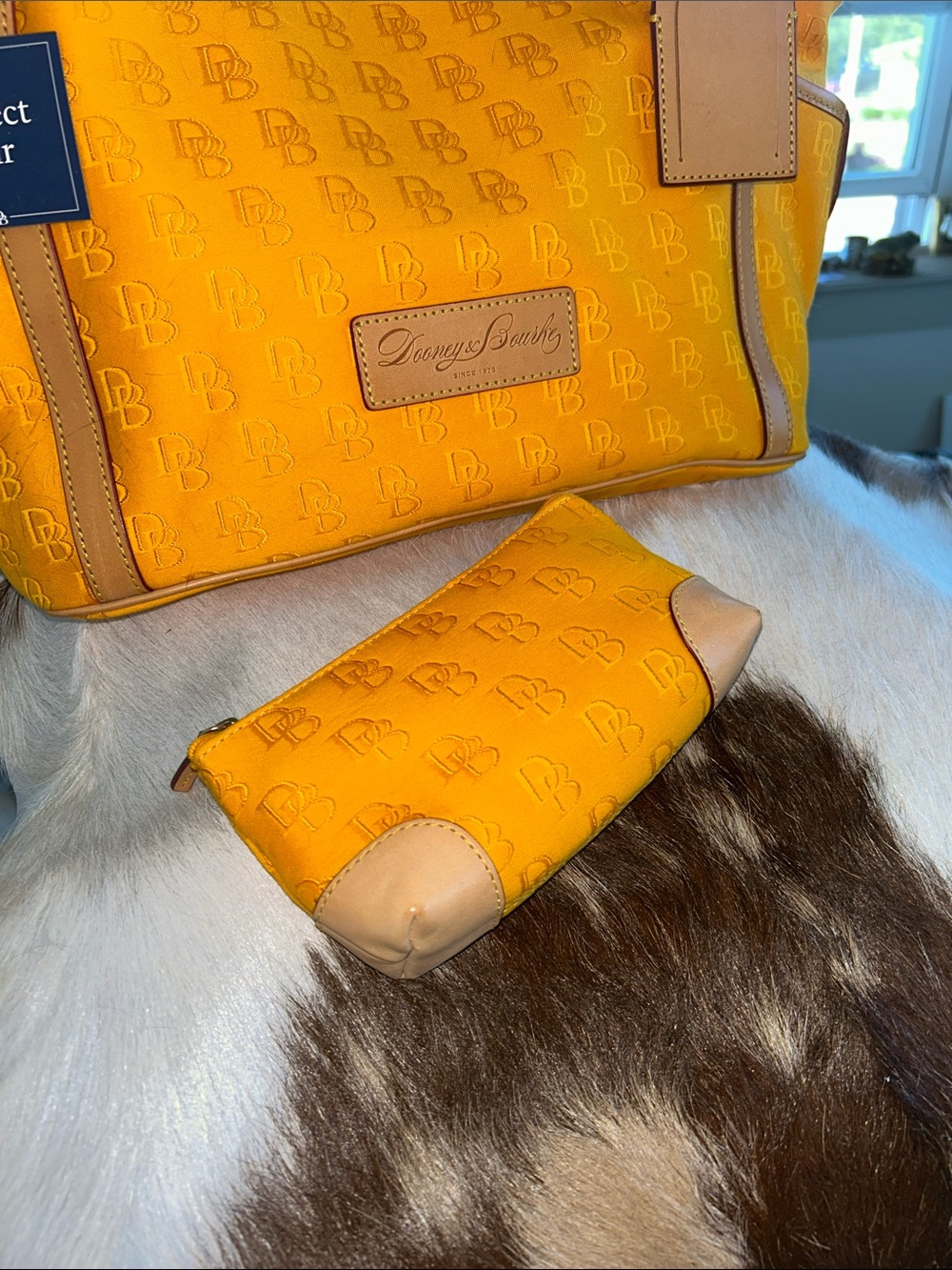 Dooney & Bourke Yellow Tote with Tan Trim and Matching Pouch 17”x 6.25”x 12” NWT - Picture 4 of 10
